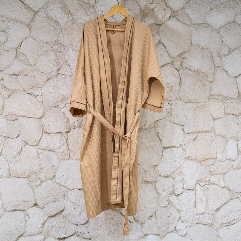 IndoLinen Bathrobe Cotton Waffle Camel